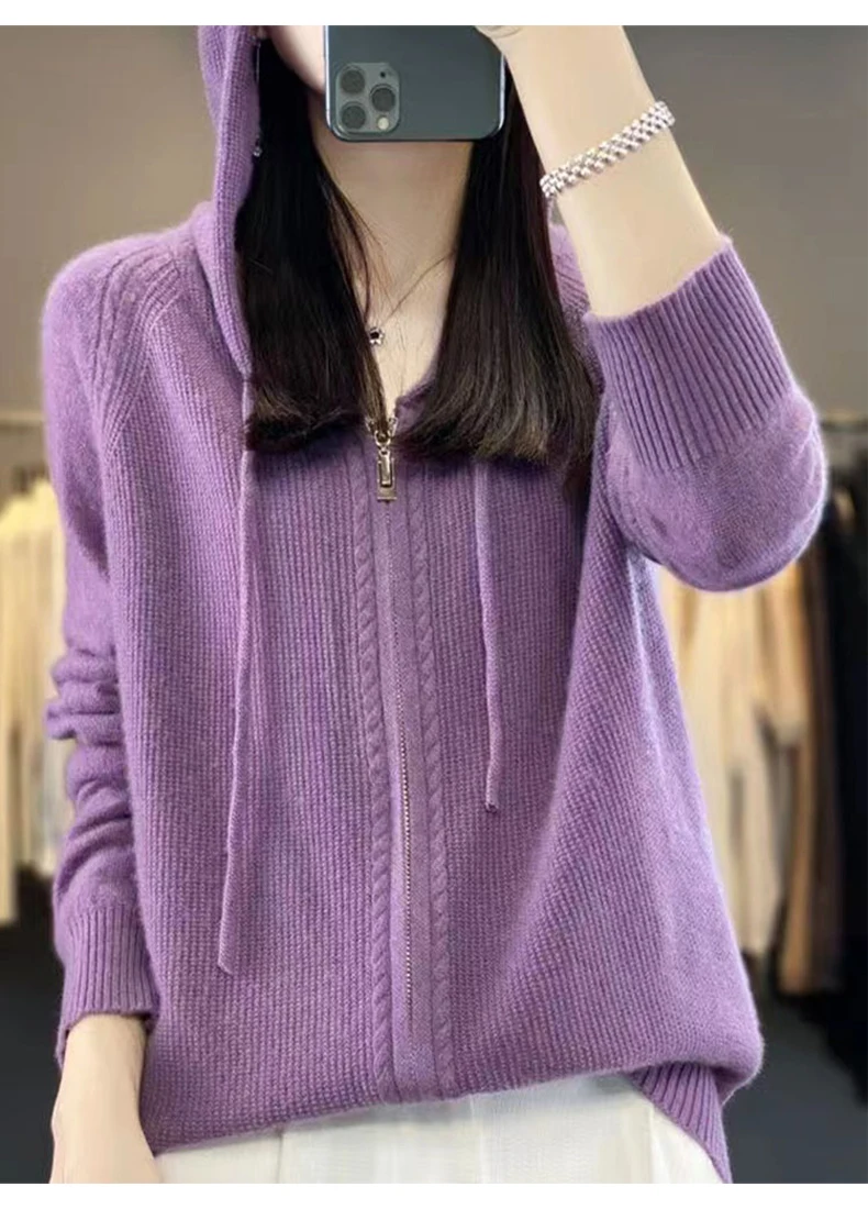 Autumn And Winter Hooded Knitted Cardigan Sweater Women's Sweater Loose Casual Solid Color Joker Wool Bottoming Hoodie