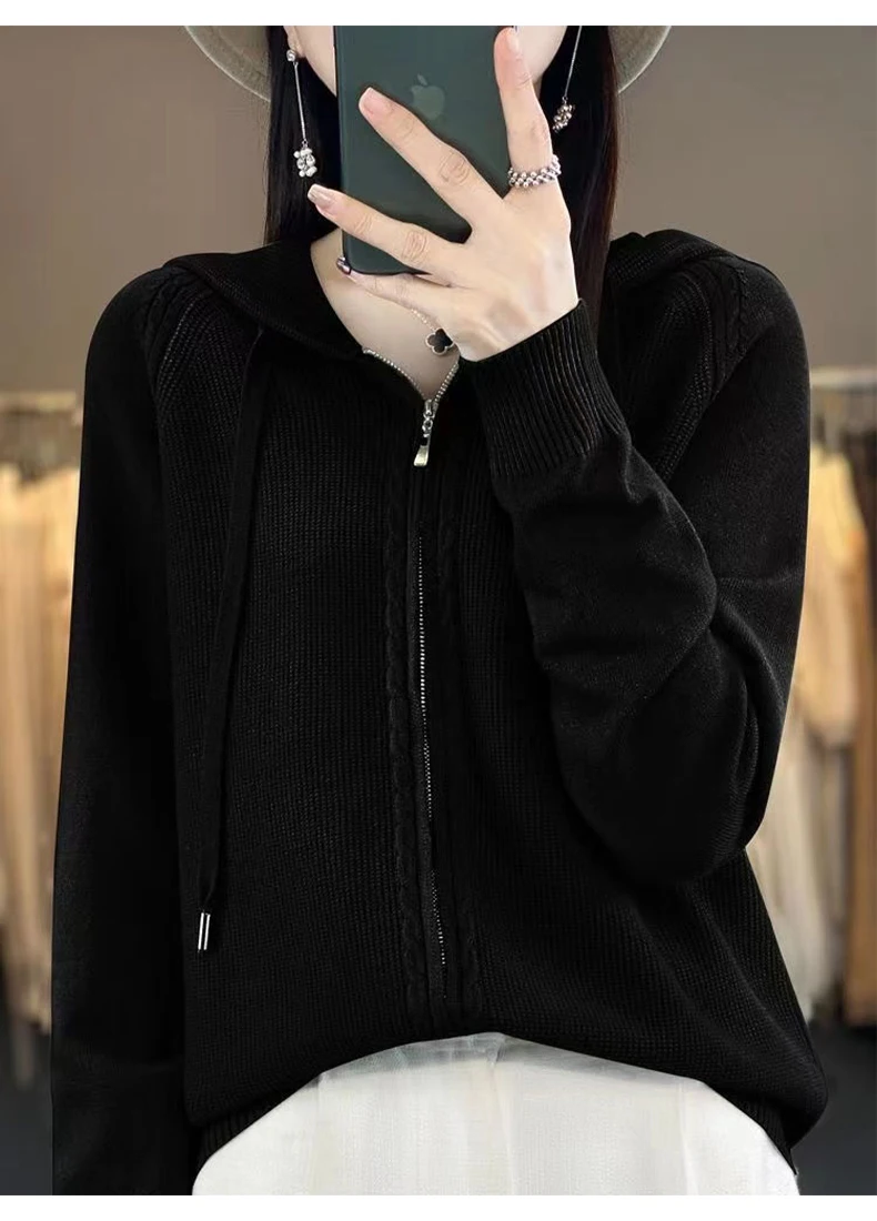 Autumn And Winter Hooded Knitted Cardigan Sweater Women's Sweater Loose Casual Solid Color Joker Wool Bottoming Hoodie