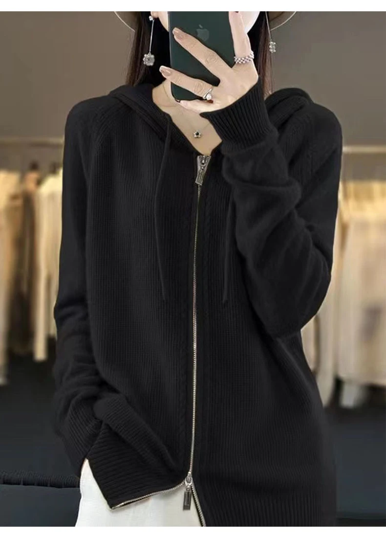 Autumn And Winter Hooded Knitted Cardigan Sweater Women's Sweater Loose Casual Solid Color Joker Wool Bottoming Hoodie