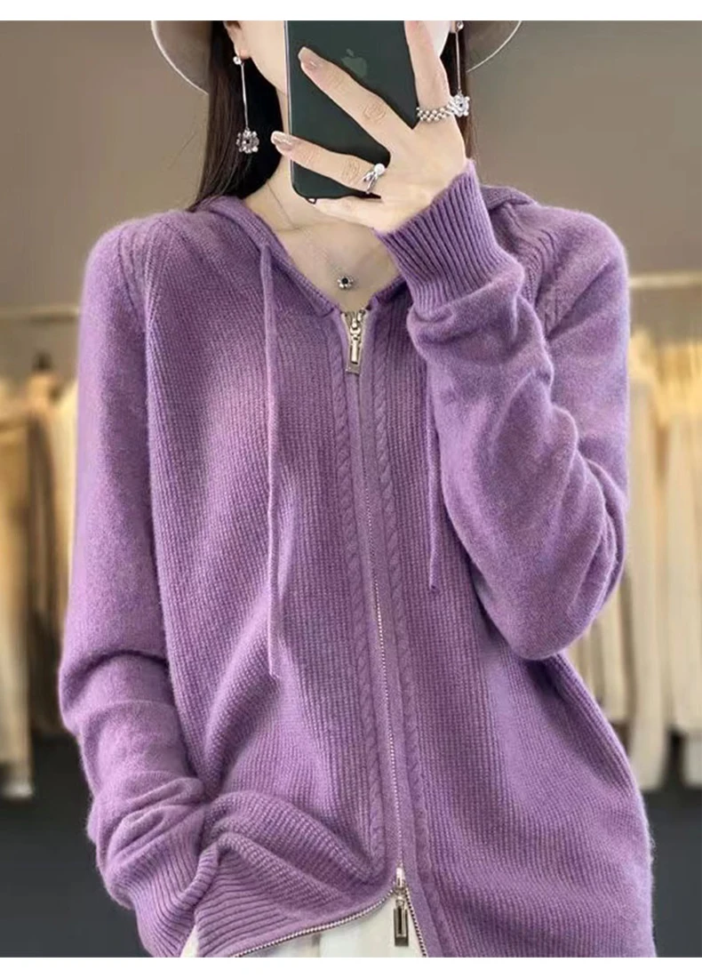Autumn And Winter Hooded Knitted Cardigan Sweater Women's Sweater Loose Casual Solid Color Joker Wool Bottoming Hoodie