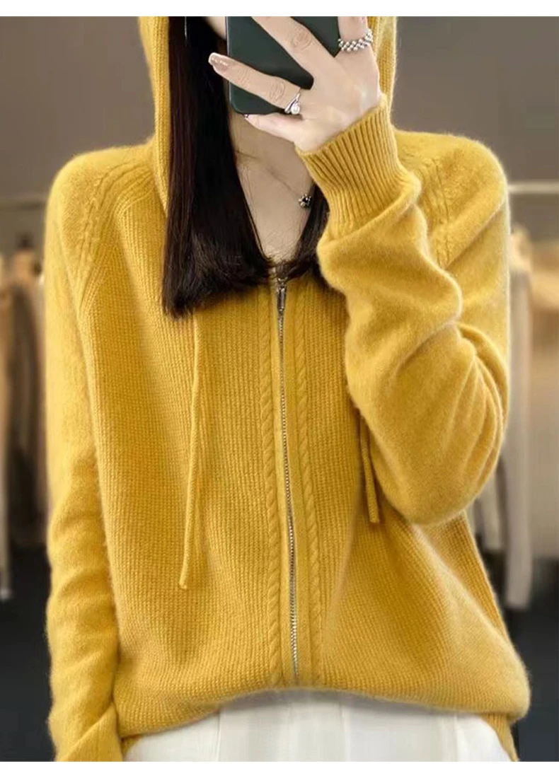 Autumn And Winter Hooded Knitted Cardigan Sweater Women's Sweater Loose Casual Solid Color Joker Wool Bottoming Hoodie