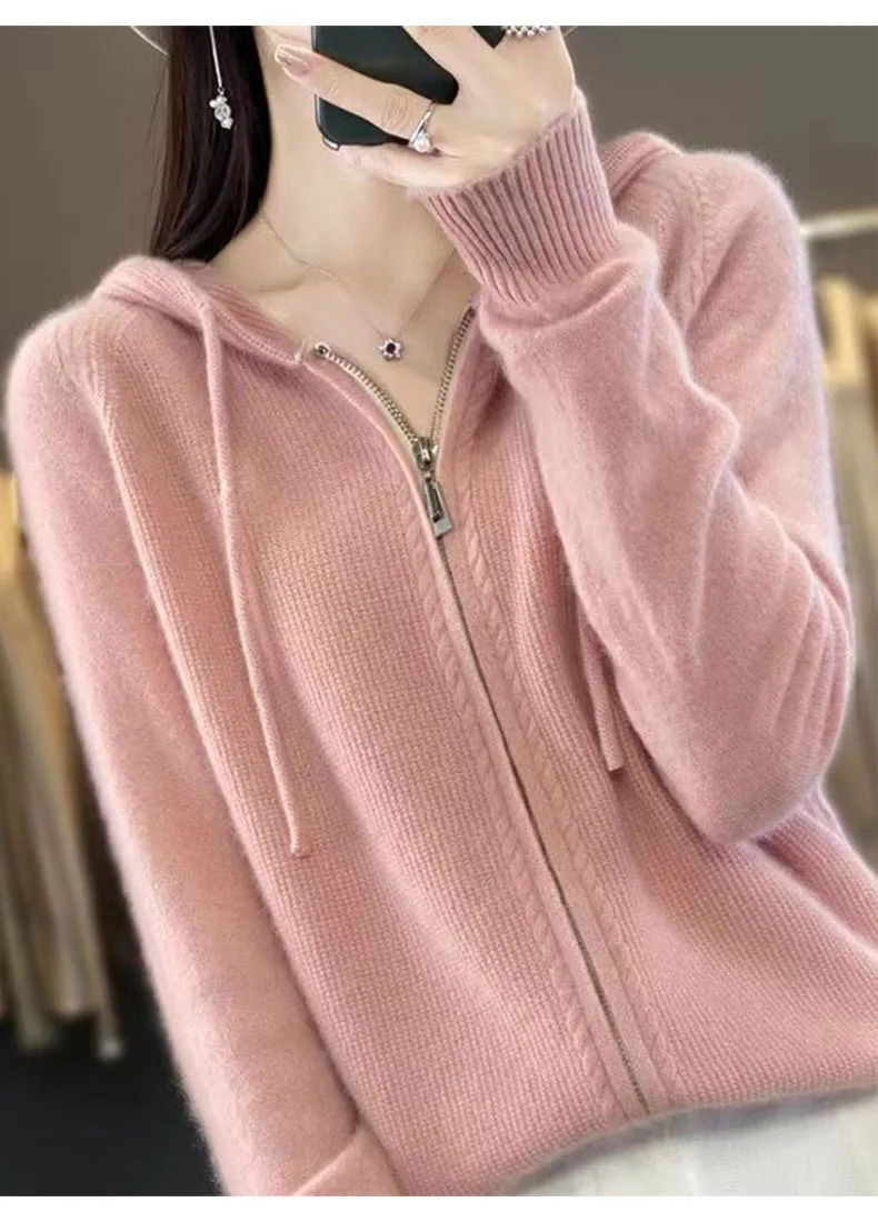 Autumn And Winter Hooded Knitted Cardigan Sweater Women's Sweater Loose Casual Solid Color Joker Wool Bottoming Hoodie