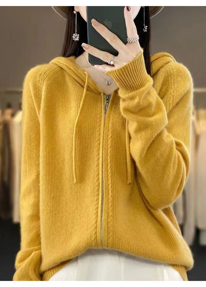 Autumn And Winter Hooded Knitted Cardigan Sweater Women's Sweater Loose Casual Solid Color Joker Wool Bottoming Hoodie