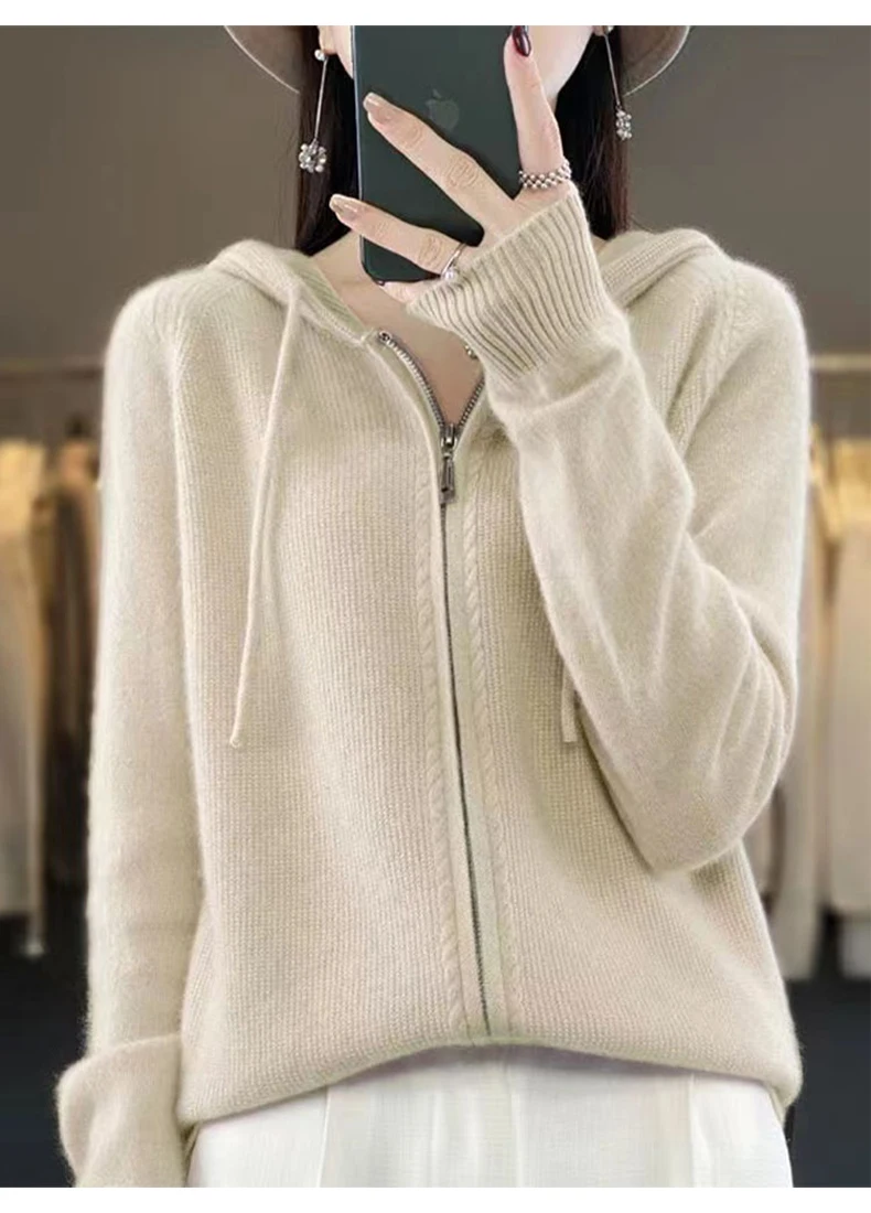 Autumn And Winter Hooded Knitted Cardigan Sweater Women's Sweater Loose Casual Solid Color Joker Wool Bottoming Hoodie