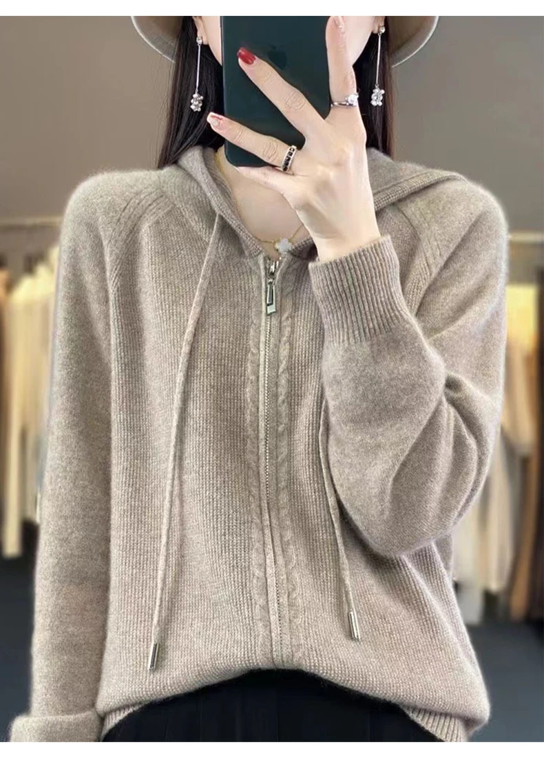 Autumn And Winter Hooded Knitted Cardigan Sweater Women's Sweater Loose Casual Solid Color Joker Wool Bottoming Hoodie