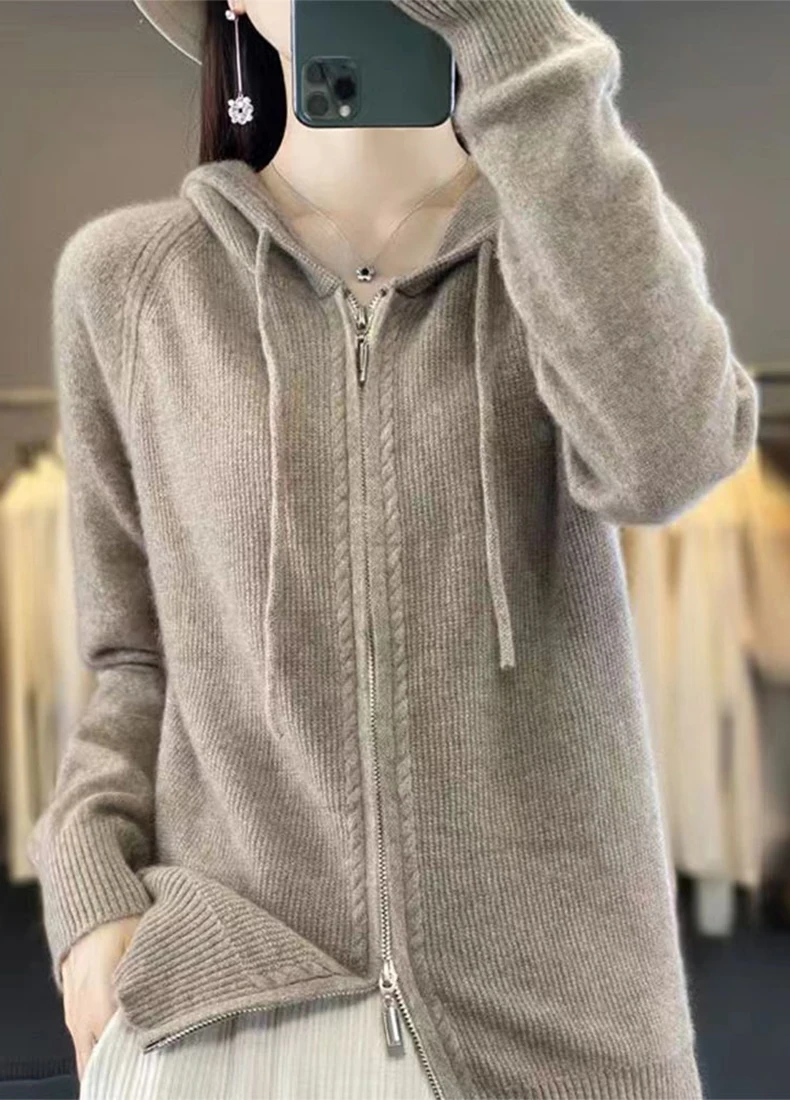 Autumn And Winter Hooded Knitted Cardigan Sweater Women's Sweater Loose Casual Solid Color Joker Wool Bottoming Hoodie