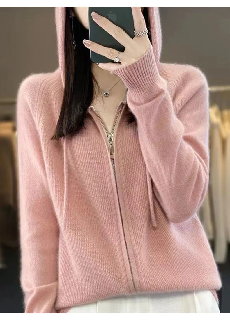 Autumn And Winter Hooded Knitted Cardigan Sweater Women's Sweater Loose Casual Solid Color Joker Wool Bottoming Hoodie