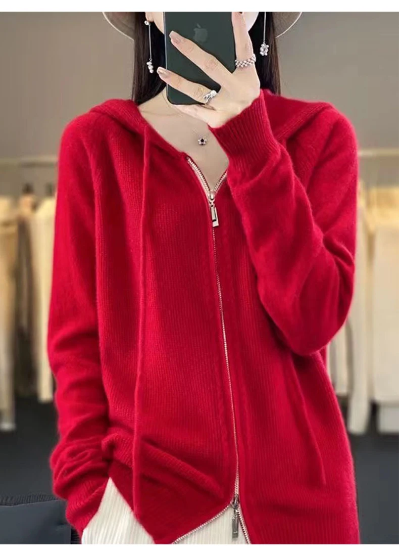 Autumn And Winter Hooded Knitted Cardigan Sweater Women's Sweater Loose Casual Solid Color Joker Wool Bottoming Hoodie