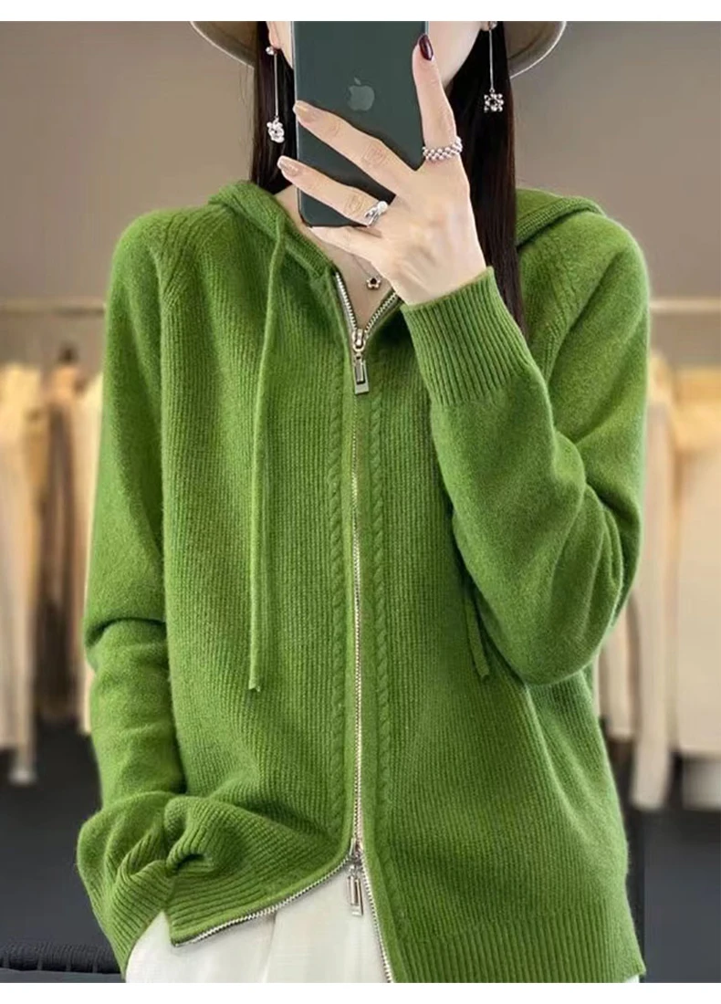 Autumn And Winter Hooded Knitted Cardigan Sweater Women's Sweater Loose Casual Solid Color Joker Wool Bottoming Hoodie