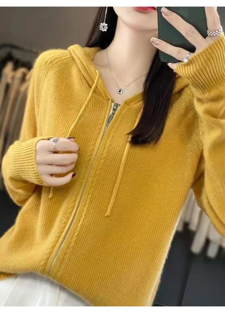 Autumn And Winter Hooded Knitted Cardigan Sweater Women's Sweater Loose Casual Solid Color Joker Wool Bottoming Hoodie