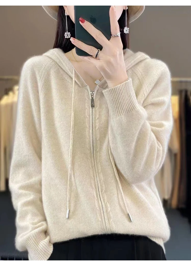 Autumn And Winter Hooded Knitted Cardigan Sweater Women's Sweater Loose Casual Solid Color Joker Wool Bottoming Hoodie