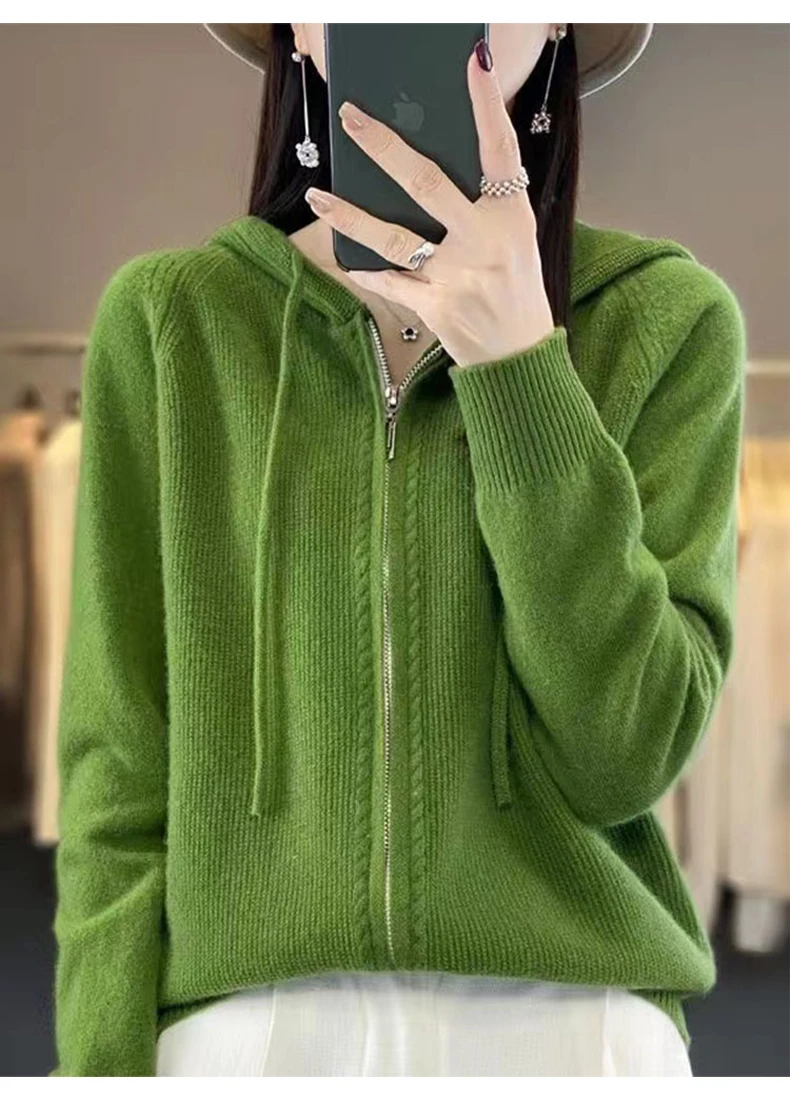 Autumn And Winter Hooded Knitted Cardigan Sweater Women's Sweater Loose Casual Solid Color Joker Wool Bottoming Hoodie