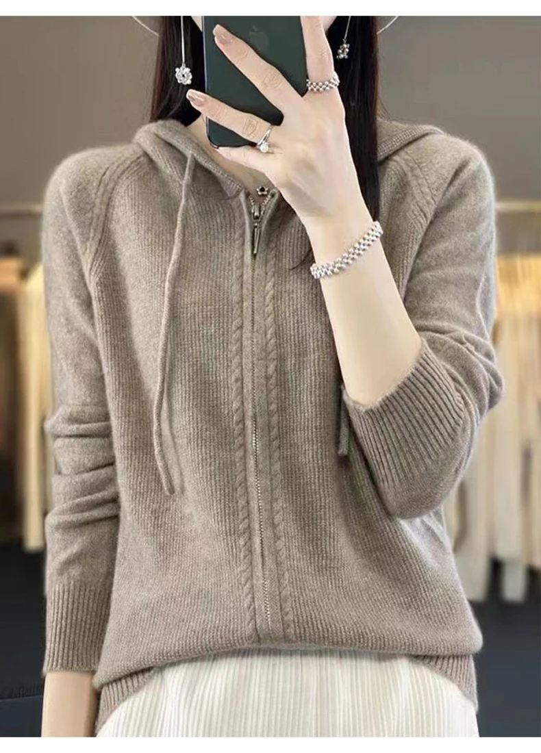 Autumn And Winter Hooded Knitted Cardigan Sweater Women's Sweater Loose Casual Solid Color Joker Wool Bottoming Hoodie