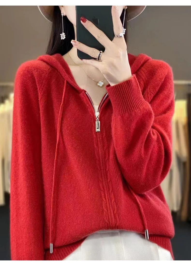 Autumn And Winter Hooded Knitted Cardigan Sweater Women's Sweater Loose Casual Solid Color Joker Wool Bottoming Hoodie