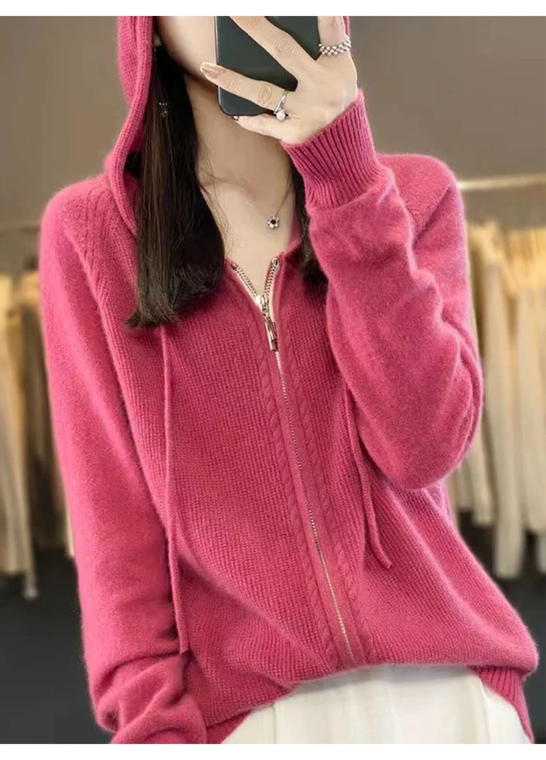 Autumn And Winter Hooded Knitted Cardigan Sweater Women's Sweater Loose Casual Solid Color Joker Wool Bottoming Hoodie