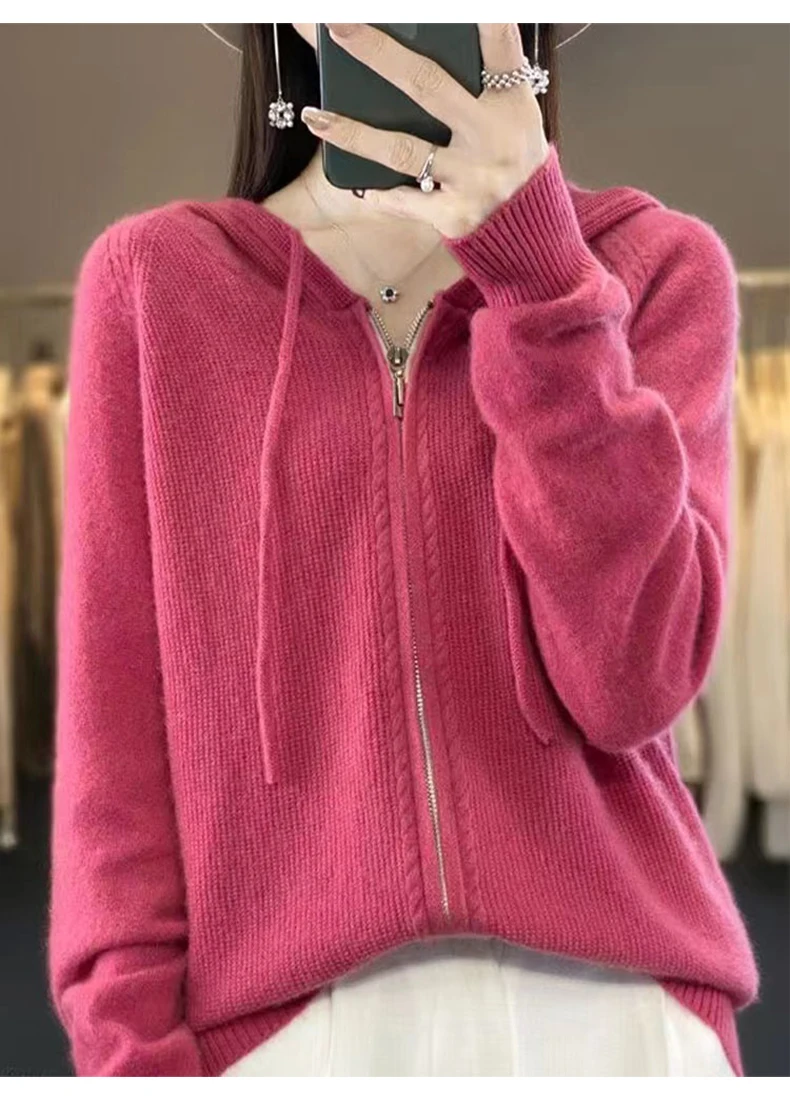 Autumn And Winter Hooded Knitted Cardigan Sweater Women's Sweater Loose Casual Solid Color Joker Wool Bottoming Hoodie
