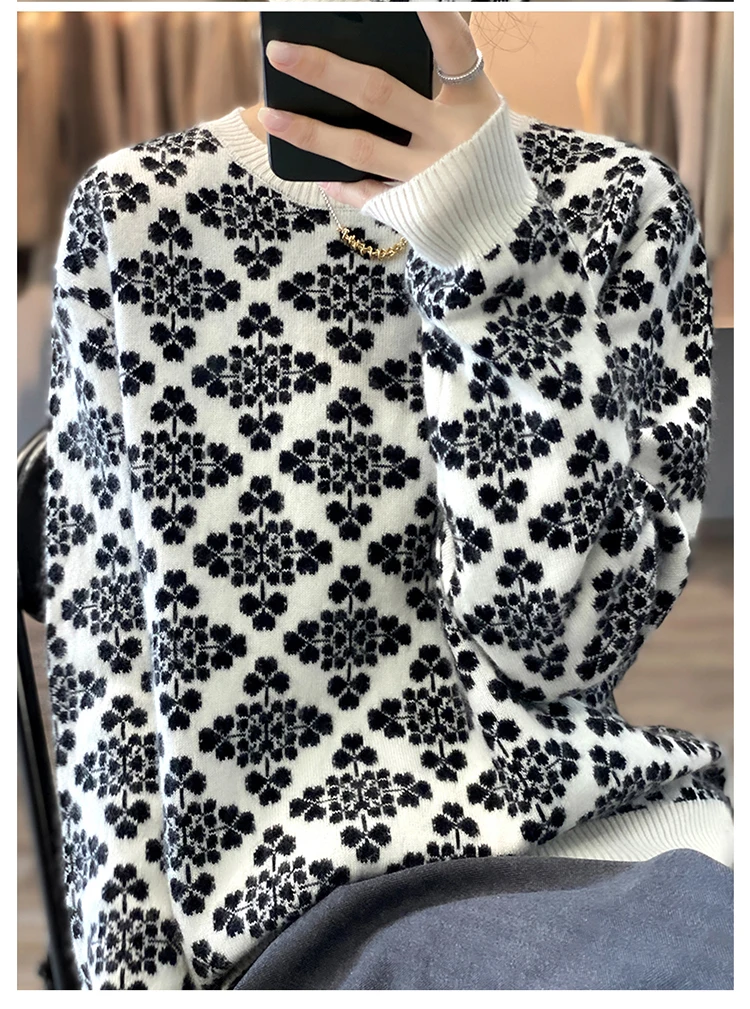2022 Snowflake autumn winter new pure cashmere sweater ladies thick jacquard loose sweater round neck sweater to keep warm