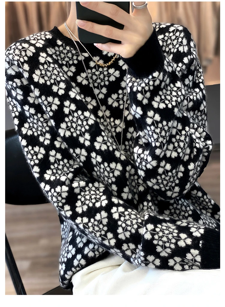 2022 Snowflake autumn winter new pure cashmere sweater ladies thick jacquard loose sweater round neck sweater to keep warm