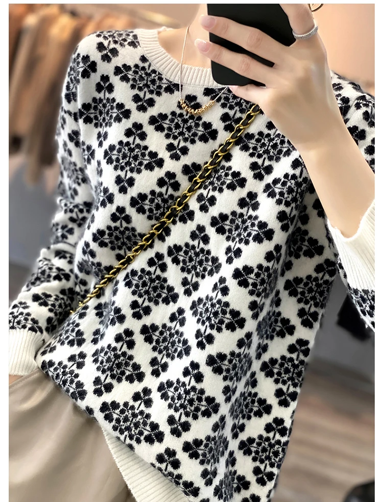 2022 Snowflake autumn winter new pure cashmere sweater ladies thick jacquard loose sweater round neck sweater to keep warm