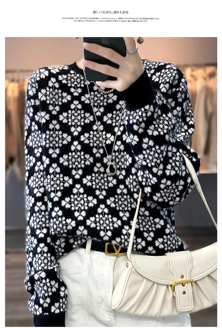 2022 Snowflake autumn winter new pure cashmere sweater ladies thick jacquard loose sweater round neck sweater to keep warm