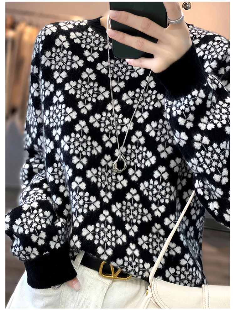 2022 Snowflake autumn winter new pure cashmere sweater ladies thick jacquard loose sweater round neck sweater to keep warm