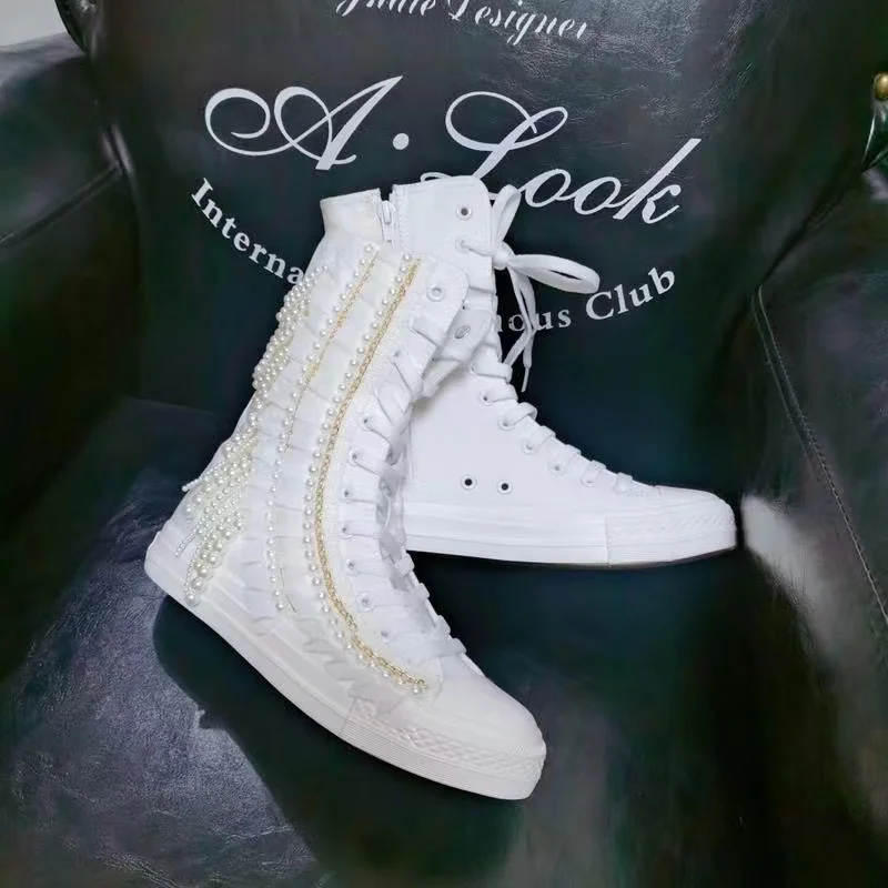 Fashion Women Canvas Shoes Designer Handmade Platform Boots Sneakers Luxury Casual Height Increasing Zip High-TOP Boot Black