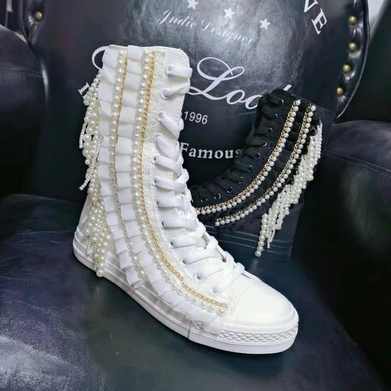 Fashion Women Canvas Shoes Designer Handmade Platform Boots Sneakers Luxury Casual Height Increasing Zip High-TOP Boot Black