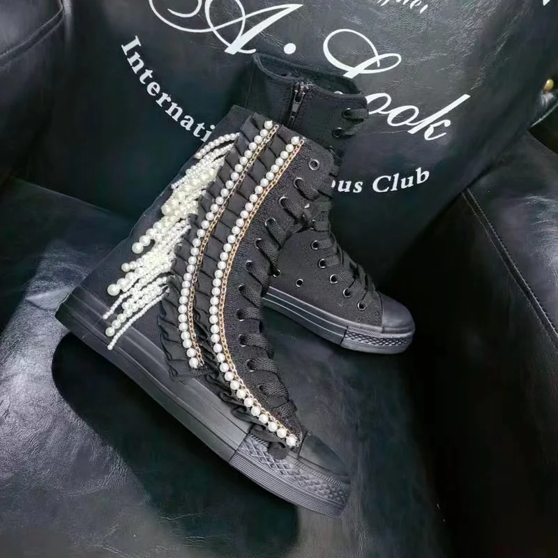 Fashion Women Canvas Shoes Designer Handmade Platform Boots Sneakers Luxury Casual Height Increasing Zip High-TOP Boot Black