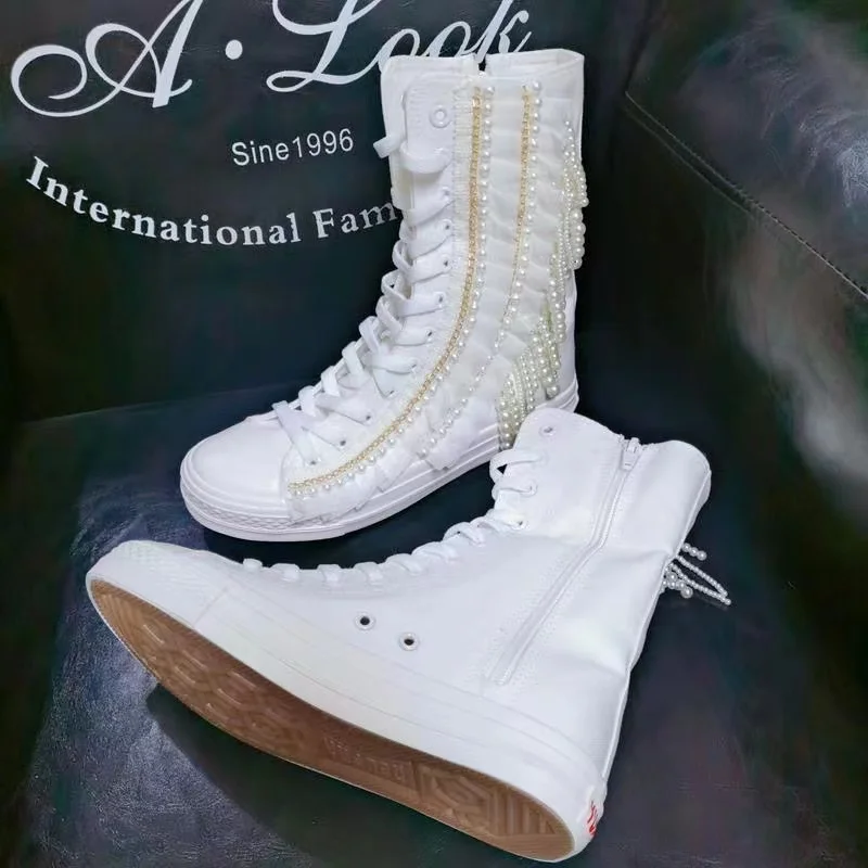 Fashion Women Canvas Shoes Designer Handmade Platform Boots Sneakers Luxury Casual Height Increasing Zip High-TOP Boot Black