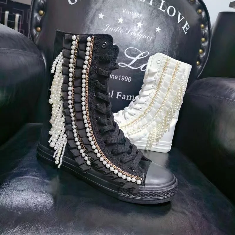Fashion Women Canvas Shoes Designer Handmade Platform Boots Sneakers Luxury Casual Height Increasing Zip High-TOP Boot Black