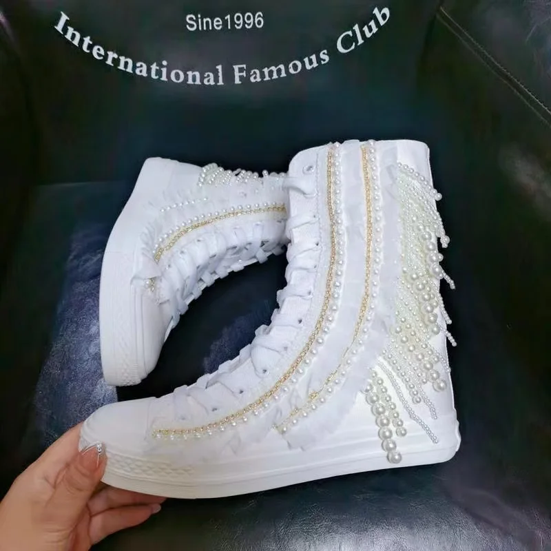 Fashion Women Canvas Shoes Designer Handmade Platform Boots Sneakers Luxury Casual Height Increasing Zip High-TOP Boot Black