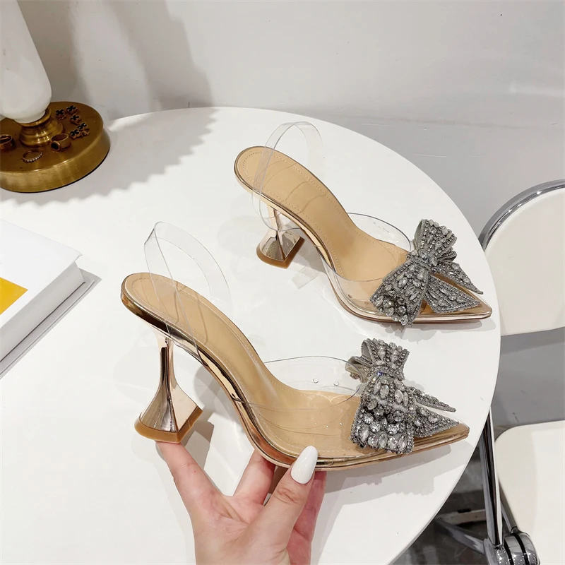 Liyke Elegant Women Party Wedding Shoes Fashion Crystal Butterfly High Heels Sexy Pointed Toe PVC Transparent Pumps Sandals Lady