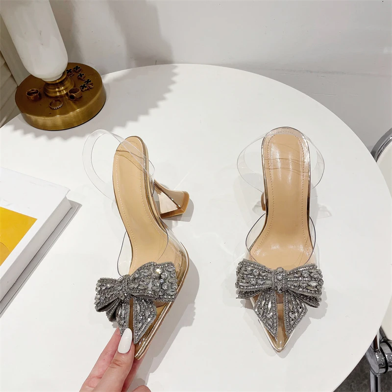 Liyke Elegant Women Party Wedding Shoes Fashion Crystal Butterfly High Heels Sexy Pointed Toe PVC Transparent Pumps Sandals Lady