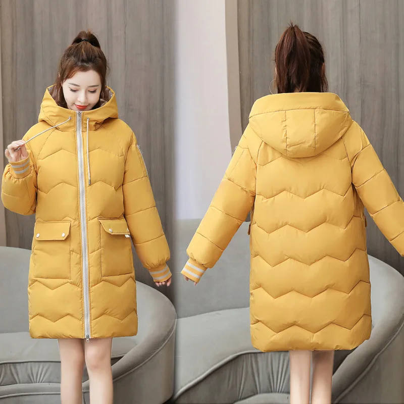 Winter Women Coat Mid-length Hooded Cotton Padded Parkas 4XL Warm Thicken Casual Overcoat Loose Snow Wear Solid Outwear Jacket