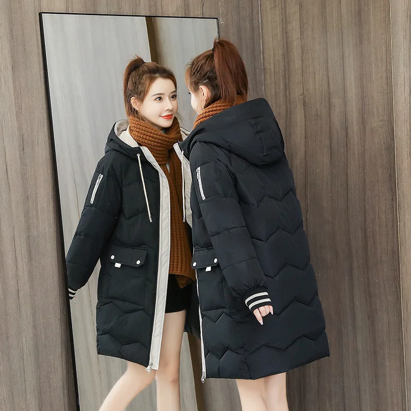 Winter Women Coat Mid-length Hooded Cotton Padded Parkas 4XL Warm Thicken Casual Overcoat Loose Snow Wear Solid Outwear Jacket