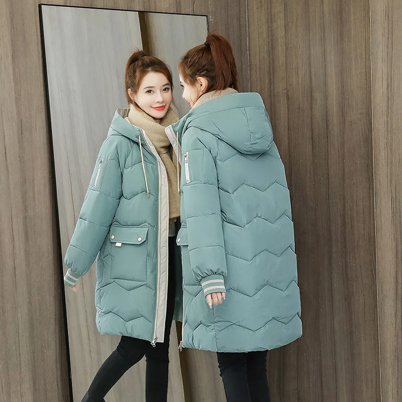 Winter Women Coat Mid-length Hooded Cotton Padded Parkas 4XL Warm Thicken Casual Overcoat Loose Snow Wear Solid Outwear Jacket