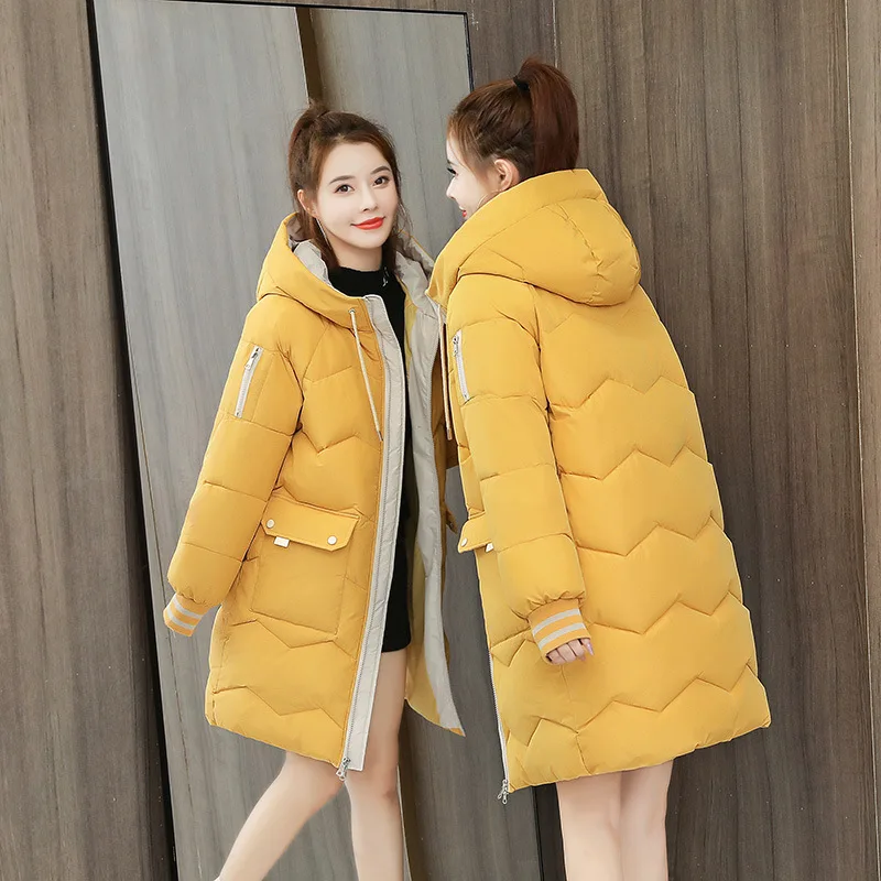 Winter Women Coat Mid-length Hooded Cotton Padded Parkas 4XL Warm Thicken Casual Overcoat Loose Snow Wear Solid Outwear Jacket