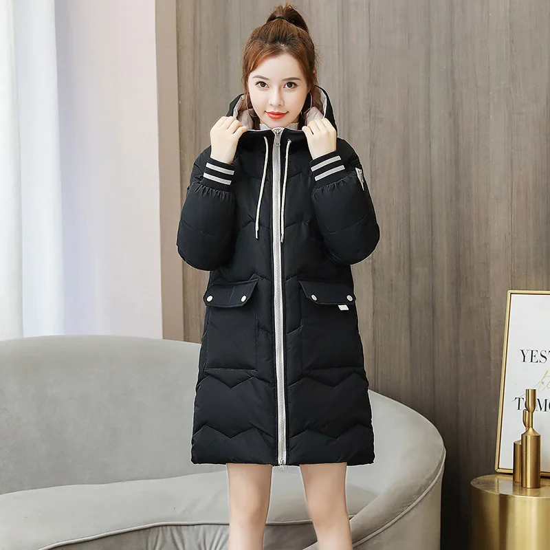 Winter Women Coat Mid-length Hooded Cotton Padded Parkas 4XL Warm Thicken Casual Overcoat Loose Snow Wear Solid Outwear Jacket