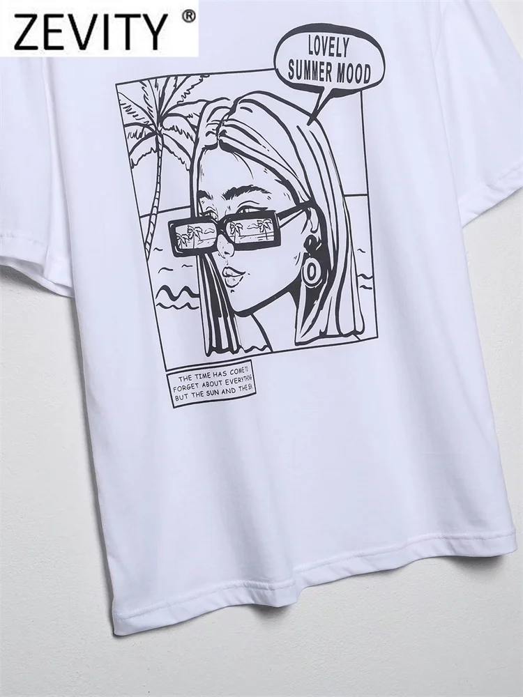 Zevity Women Fashion High Street Beauty Print Casual White T Shirt Female Basic O Neck Short Sleeve Chic Tops T477