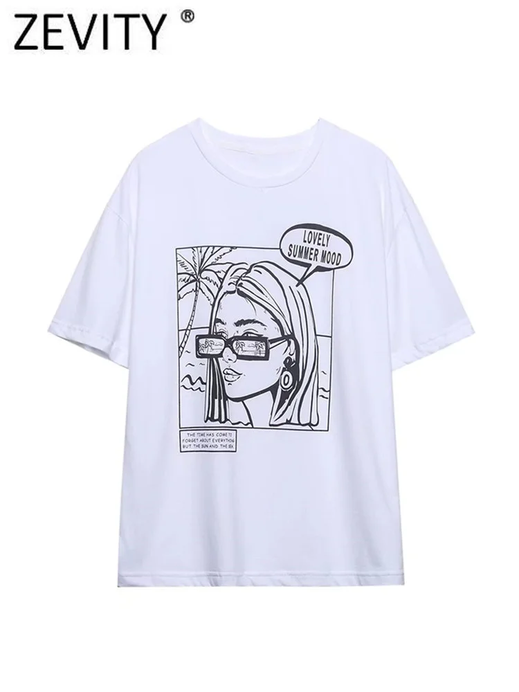 Zevity Women Fashion High Street Beauty Print Casual White T Shirt Female Basic O Neck Short Sleeve Chic Tops T477