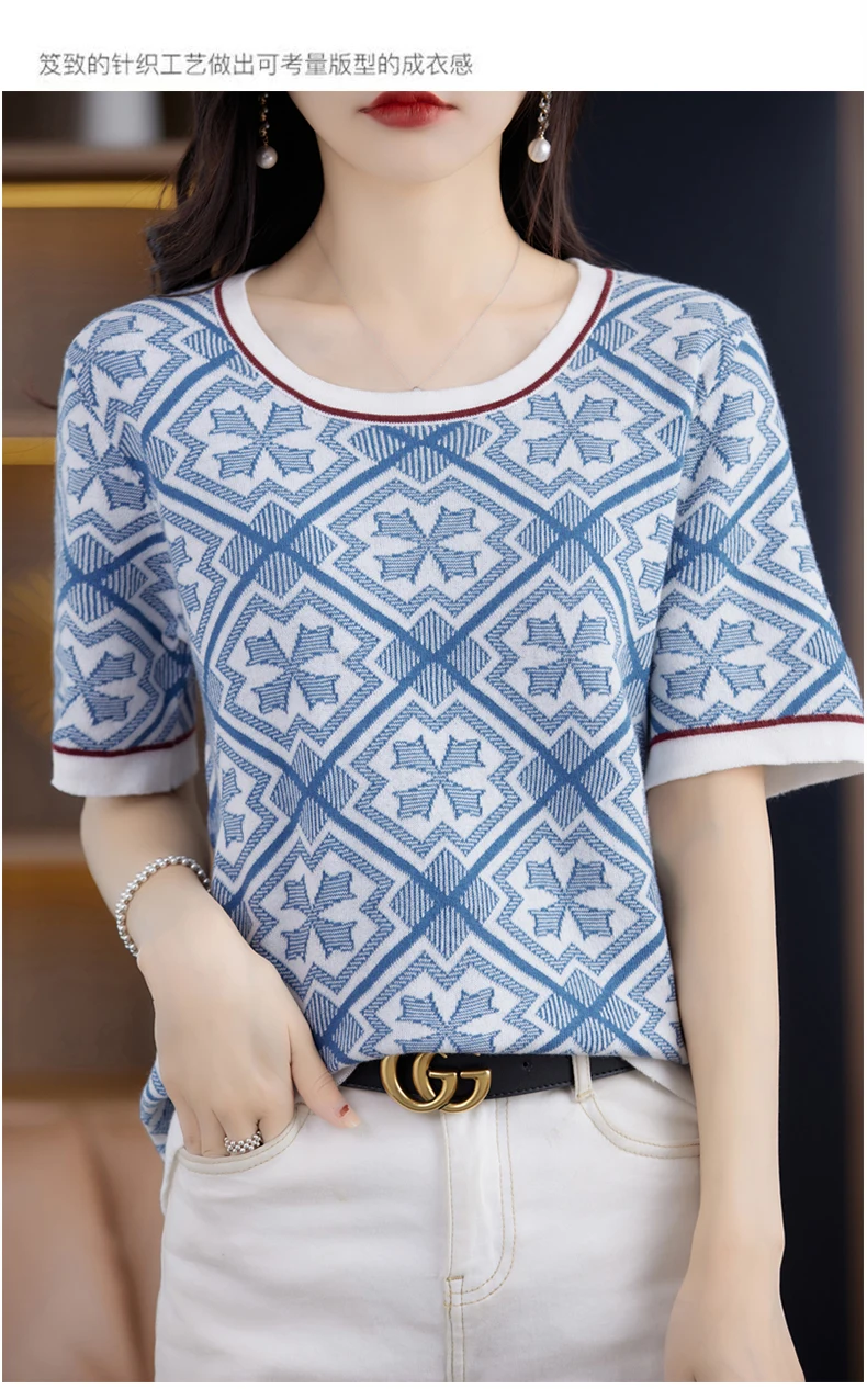 100% Pure Cotton Women Slim Sweater T-shirt New Summer Short-sleeve O-neck Chinese Style Pullover Tees Casual Knitted Tops