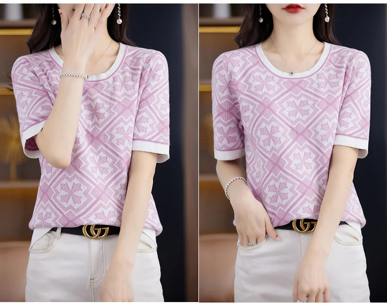 100% Pure Cotton Women Slim Sweater T-shirt New Summer Short-sleeve O-neck Chinese Style Pullover Tees Casual Knitted Tops