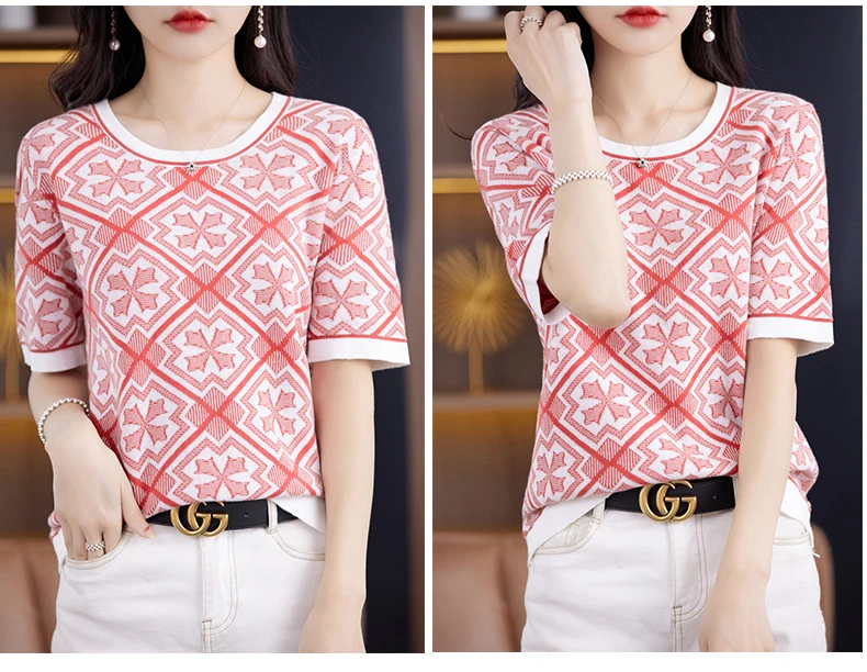 100% Pure Cotton Women Slim Sweater T-shirt New Summer Short-sleeve O-neck Chinese Style Pullover Tees Casual Knitted Tops