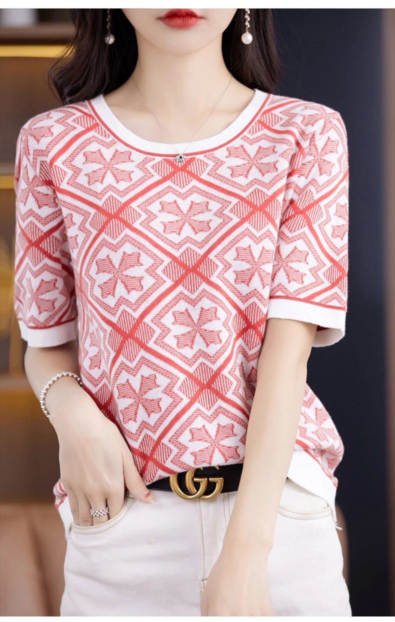 100% Pure Cotton Women Slim Sweater T-shirt New Summer Short-sleeve O-neck Chinese Style Pullover Tees Casual Knitted Tops