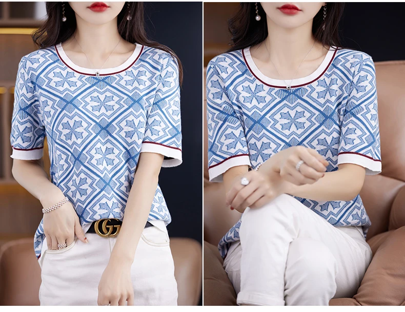 100% Pure Cotton Women Slim Sweater T-shirt New Summer Short-sleeve O-neck Chinese Style Pullover Tees Casual Knitted Tops
