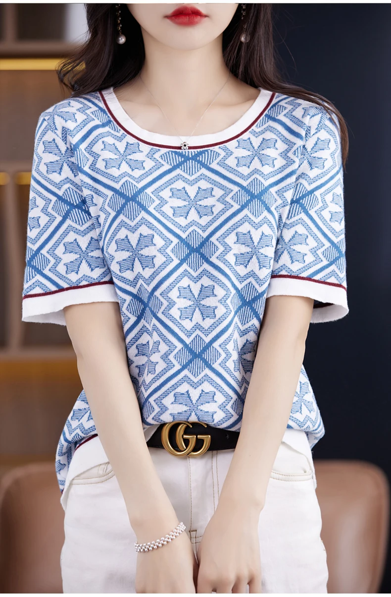 100% Pure Cotton Women Slim Sweater T-shirt New Summer Short-sleeve O-neck Chinese Style Pullover Tees Casual Knitted Tops