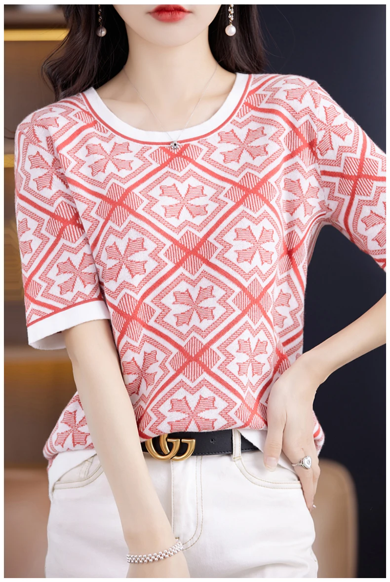 100% Pure Cotton Women Slim Sweater T-shirt New Summer Short-sleeve O-neck Chinese Style Pullover Tees Casual Knitted Tops