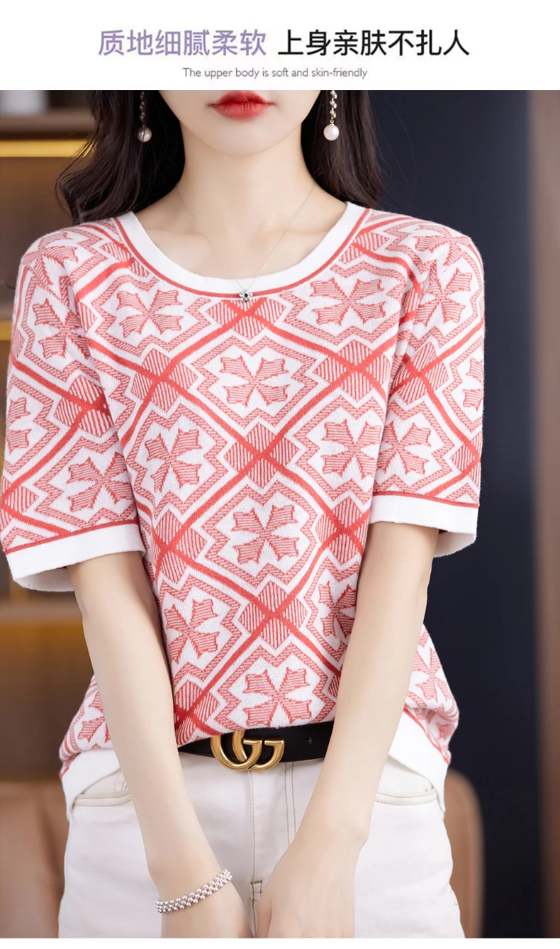 100% Pure Cotton Women Slim Sweater T-shirt New Summer Short-sleeve O-neck Chinese Style Pullover Tees Casual Knitted Tops