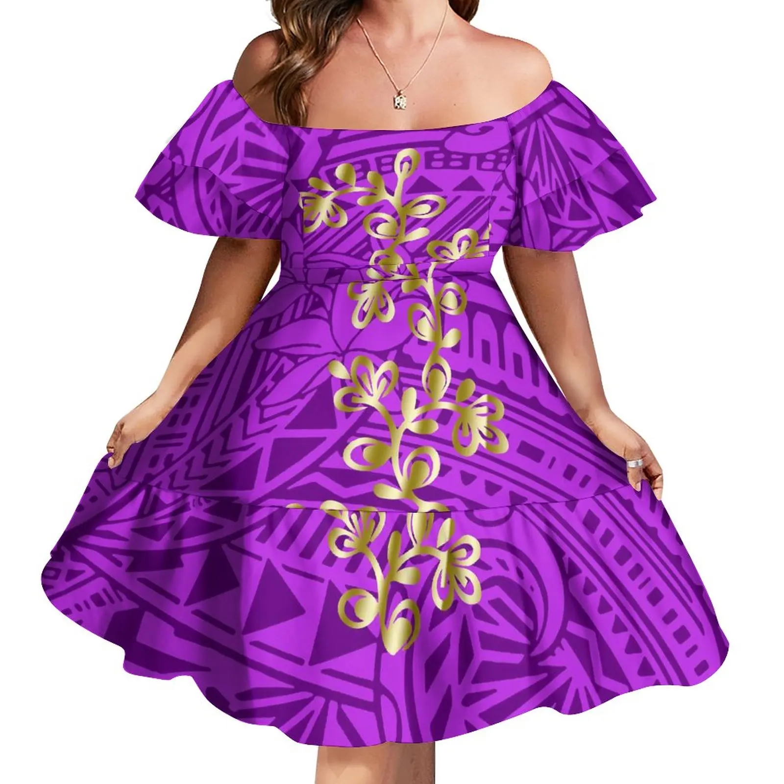 Custom Logo Pacific Island Art Sustainable Ruffle Sleeve Dress Hawaii Tribal Polynesian Hibiscus Sublimation Print Short Dresses