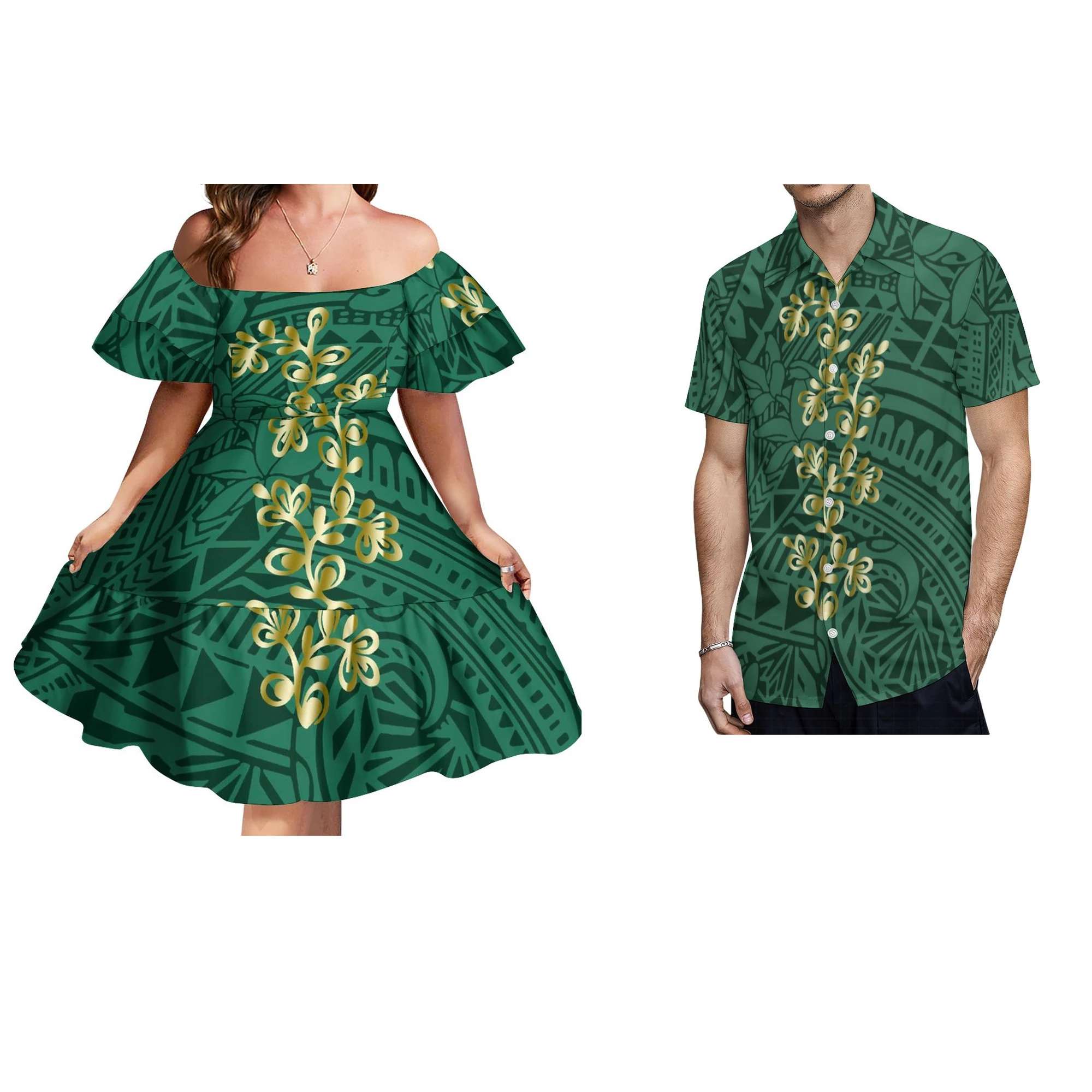 Custom Logo Pacific Island Art Sustainable Ruffle Sleeve Dress Hawaii Tribal Polynesian Hibiscus Sublimation Print Short Dresses